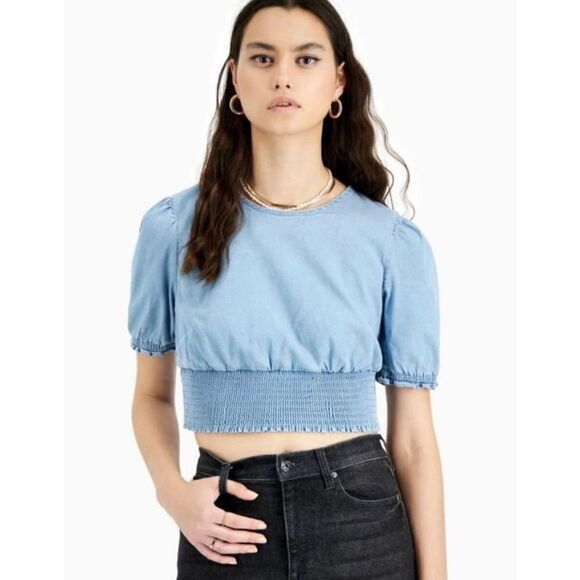NEW WITH TAGS Bar III Chambray Puff-Sleeve Top WOMEN SIZE SMALL - Picture 3 of 5
